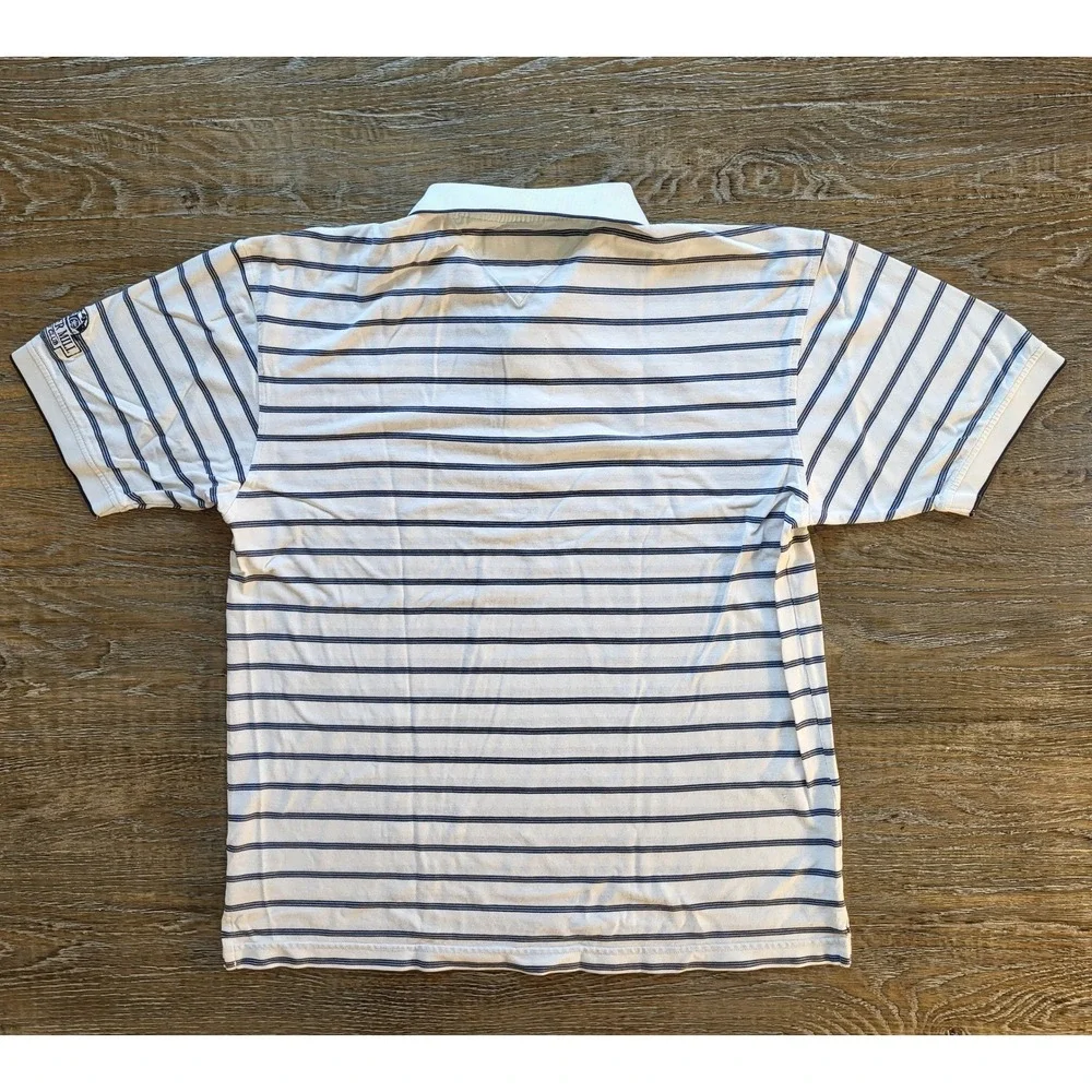 Tommy Hilfiger Golf Mens Large White Navy Striped Mercerized Cotton Polo Shirt